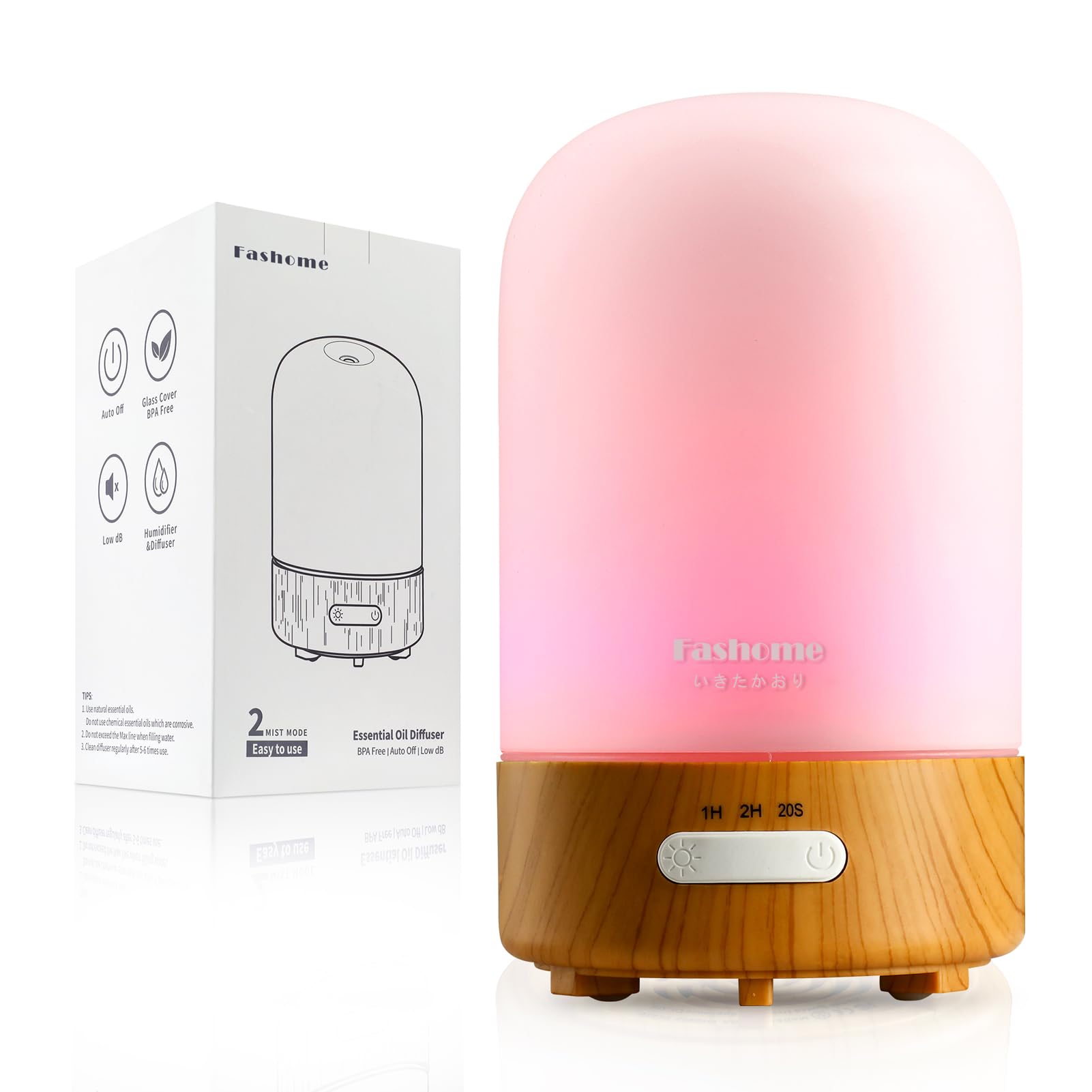 Fashome アロマディフューザー 加湿器 小型 卓上 超音波式加湿器 アロマ対応 コンパクト 手作り磨りガラス ディフューザー 寝室 静音 睡眠 3階タイマー 空焚き防止 LEDライト オフ ィス
