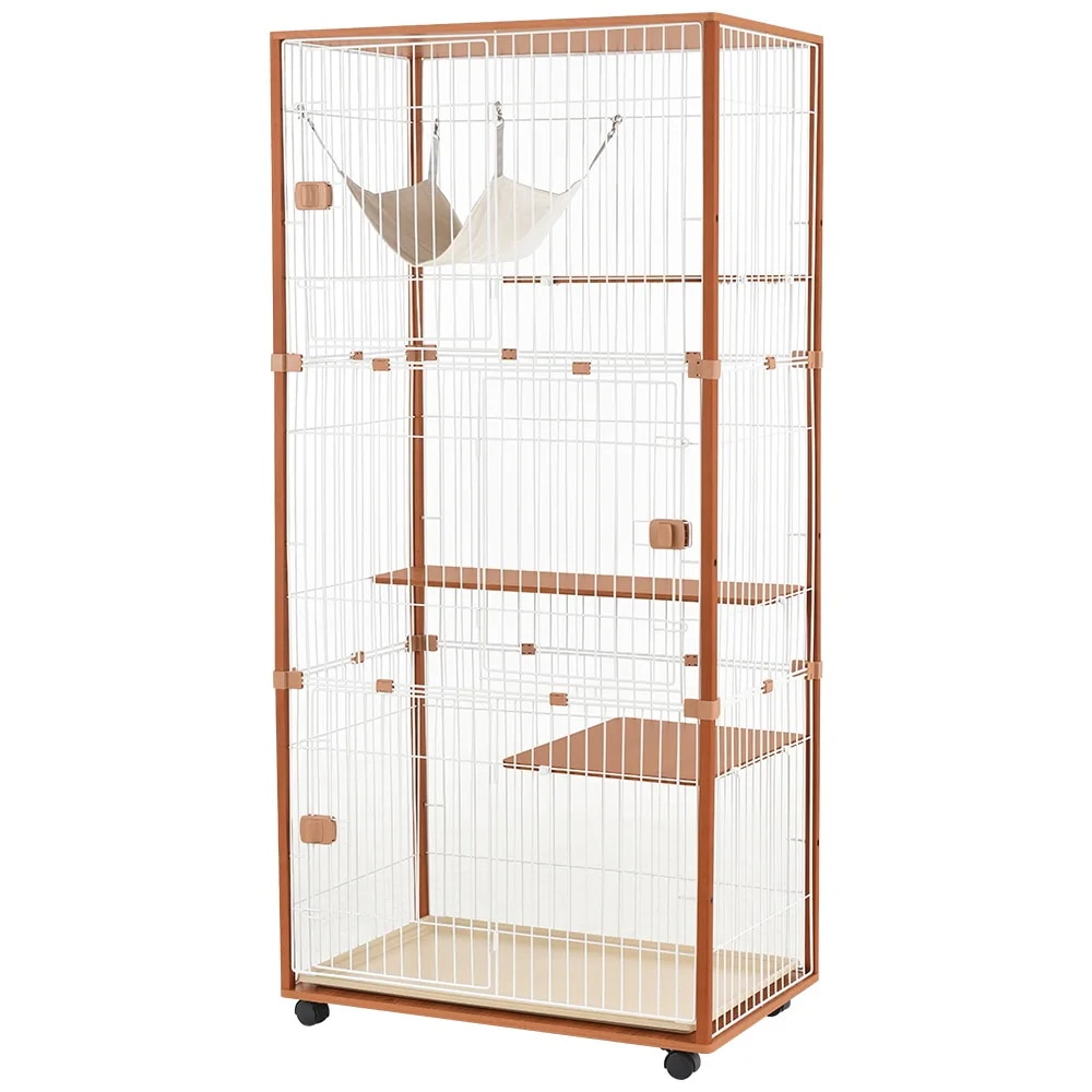 【国内発送&送·料·無·料】745猫 キャットケージ ケージ 木製 キャットハウス ネコ ハウス 留守番 保護 脱走防止 多頭飼い 多頭 スチール 三段 （チーク）