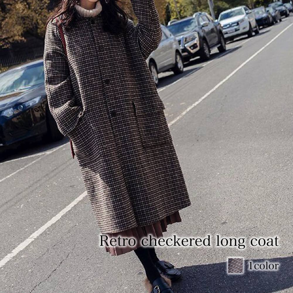 チェスターコート レディース レトロチェック柄ロングコート 英国 服 ブランド 冬 秋 ロングコート コート 軽い アウター 細身 チェック 暖かい ロング 50代 ステンカラーコート 40代 ダブル