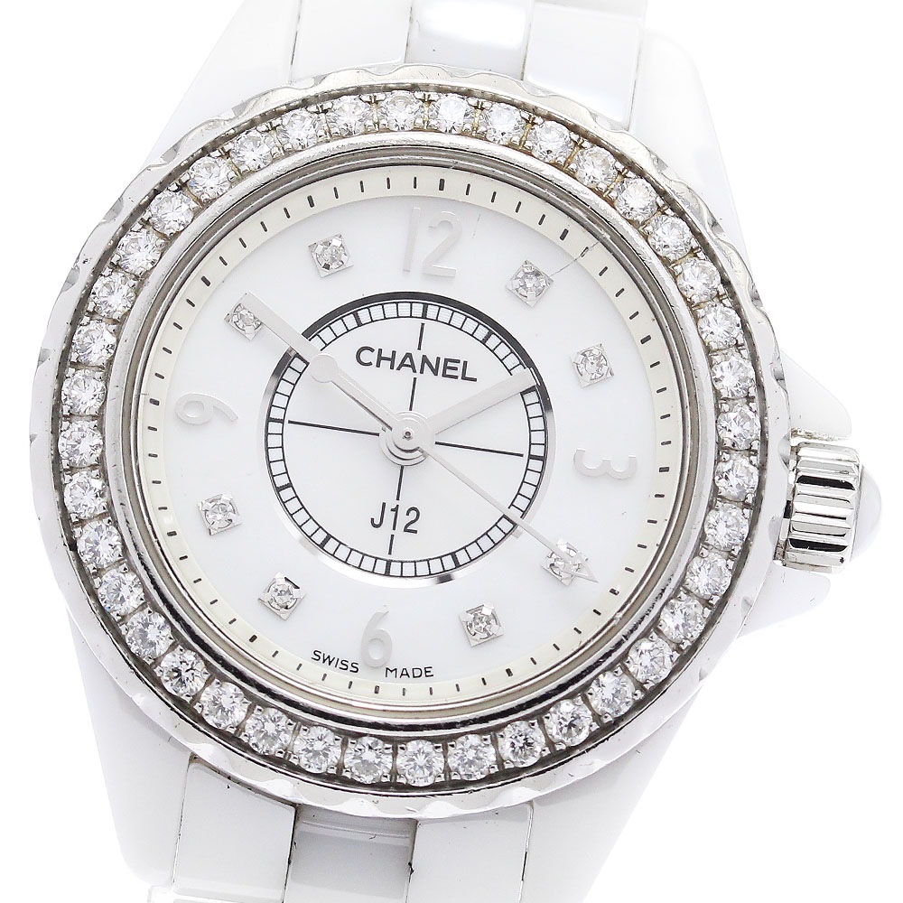 シャネル CHANEL H2572 J12 白セラミック ダイヤベゼル 8Pダイヤ クォーツ レディース 保証書付き_876075【中古】