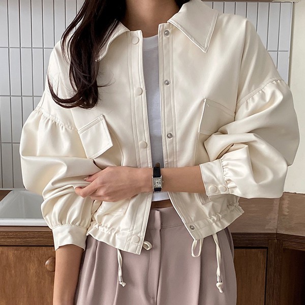 女子 春 秋 冬 ルーズフィット エコ レザー パフ カラー ショート ジャケット クロップ ジャケット フィットが きれいな人工皮革 レザー アウター