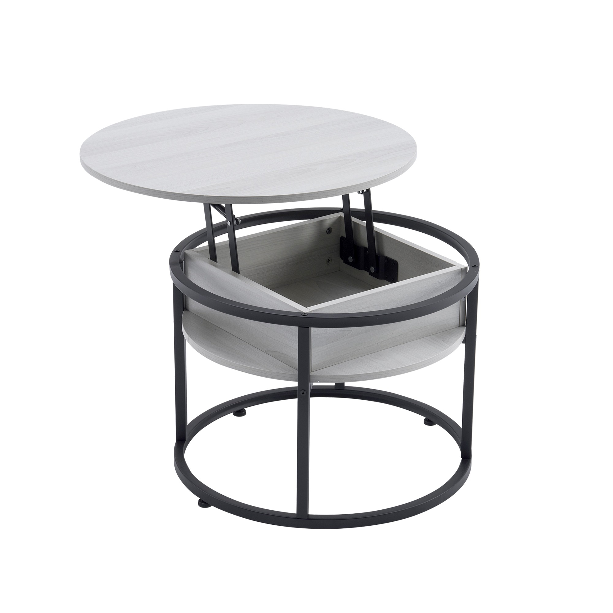 【国内発送&送·料·無·料】【新作登場】昇降式テーブル 隠し収納スペース 円形 木目調 大容量収納 コーヒーテーブル モダン ローテーブル 北欧 昇降テーブル スチール脚【グレー（ブラック