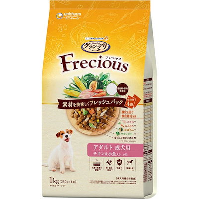 他サイト： ユニチャーム　グラン・デリ Frecious(フレシャス)アダルト成犬用 チキン＆小魚入り 1kg(250g×4袋)の商品画像