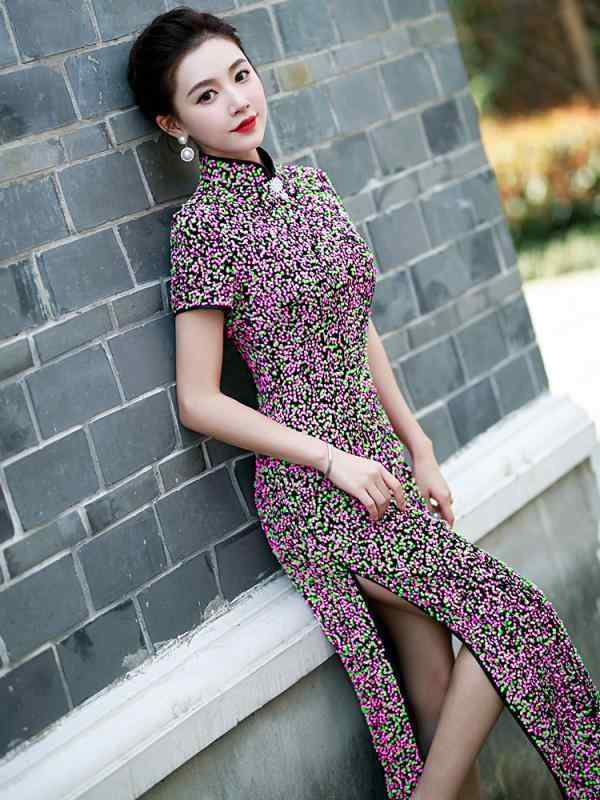 チャイナドレス レディース パーティー イベント フォーマル お呼ばれ コスプレ ロング きいサイズ ステージ パフォーマンス エレガント スパンコール パープル ピンク 半袖 レトロ スリット