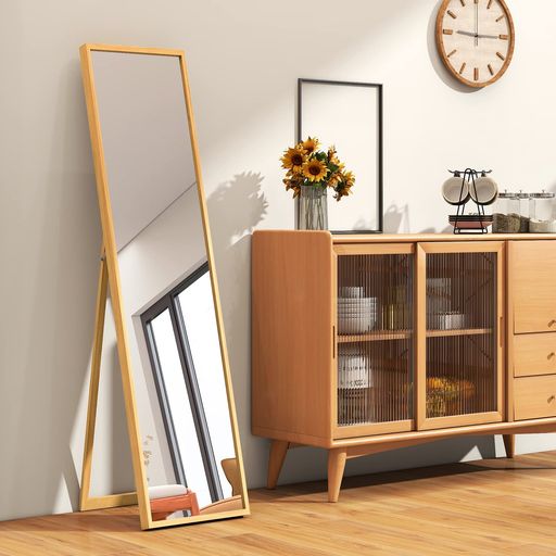 ミルオ君の鏡工房 全身鏡 姿見 スタンドミラー 木製 折りたたみ 飛散防止 壁掛け 全身ミラー 玄関 (140X30CM ナチュラル)収納