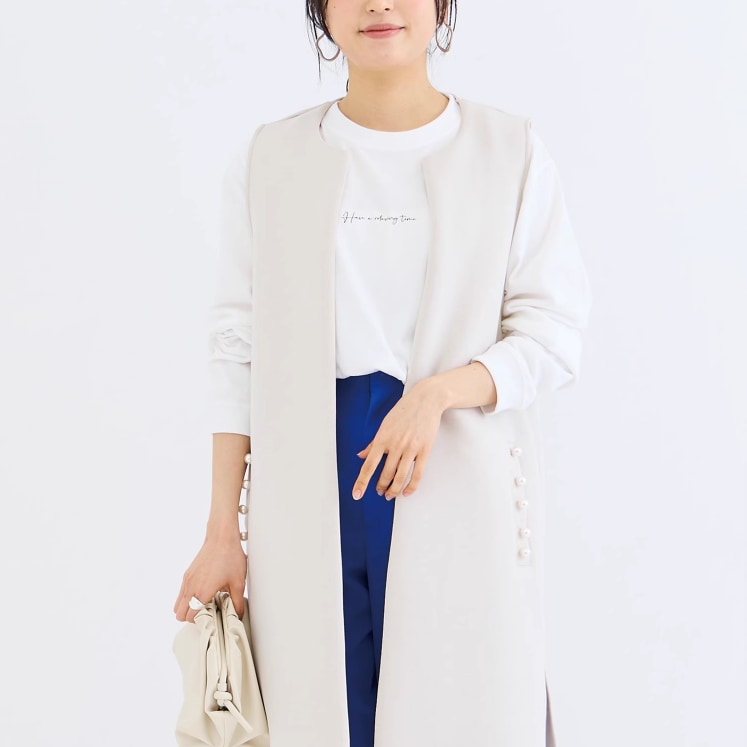 アウター ベスト ロング ロング丈 袖なし ノースリーブ ラウンドネック 襟なし スリット サイドスリット ポケット 前開き ポリエステル かわいい 大人可愛い きれいめ シンプル 大人 上品