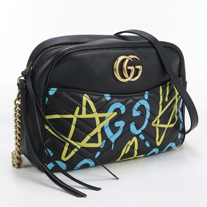 チェーンショルダー GGマーモント GU89295 ショルダーバッグ レザー/チェーンショルダーバッグ ブラック【中古】 レディース