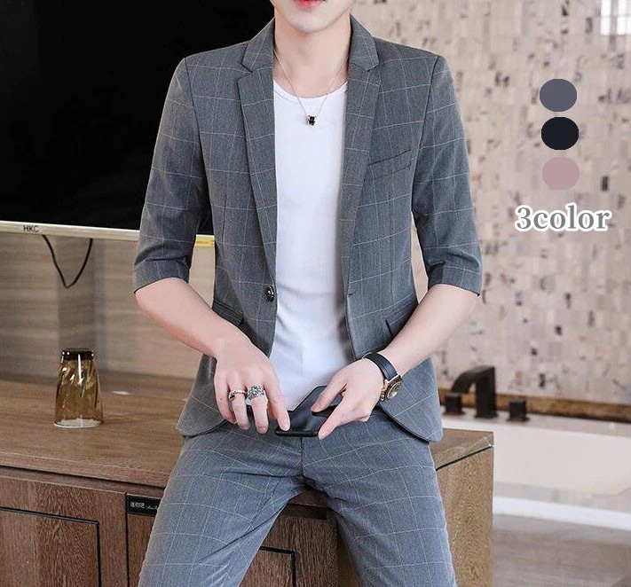 「カッコイイ」メンズスーツ 2点セット 上下セット メンズスーツ 1つボタンスーツ チェック柄スーツ 2点セット 5分袖スーツ 二次会 成人式 卒業式 就職活 春夏秋 ビジネススーツ フォーマルスーツ