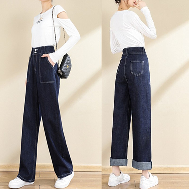 巻き上げる脚裾2着スタイルストレートスラックスストレートデニムパンツハイウエスト