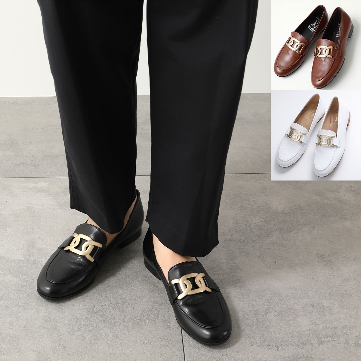 LUCA GROSSI ルカグロッシ ローファー H435M レディース レザーシューズ チェーン メタル ローヒール 革靴 カラー3色