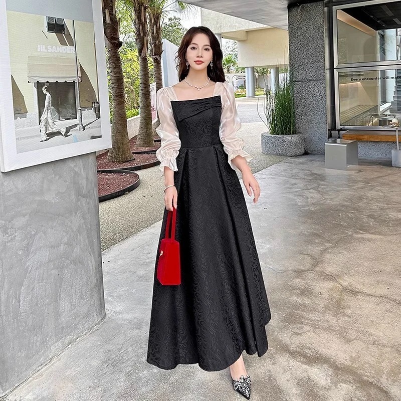 ワンピースドレスドレスブラックドレス長袖ディナーホストドレスバンケットの気質とハイエンド感情