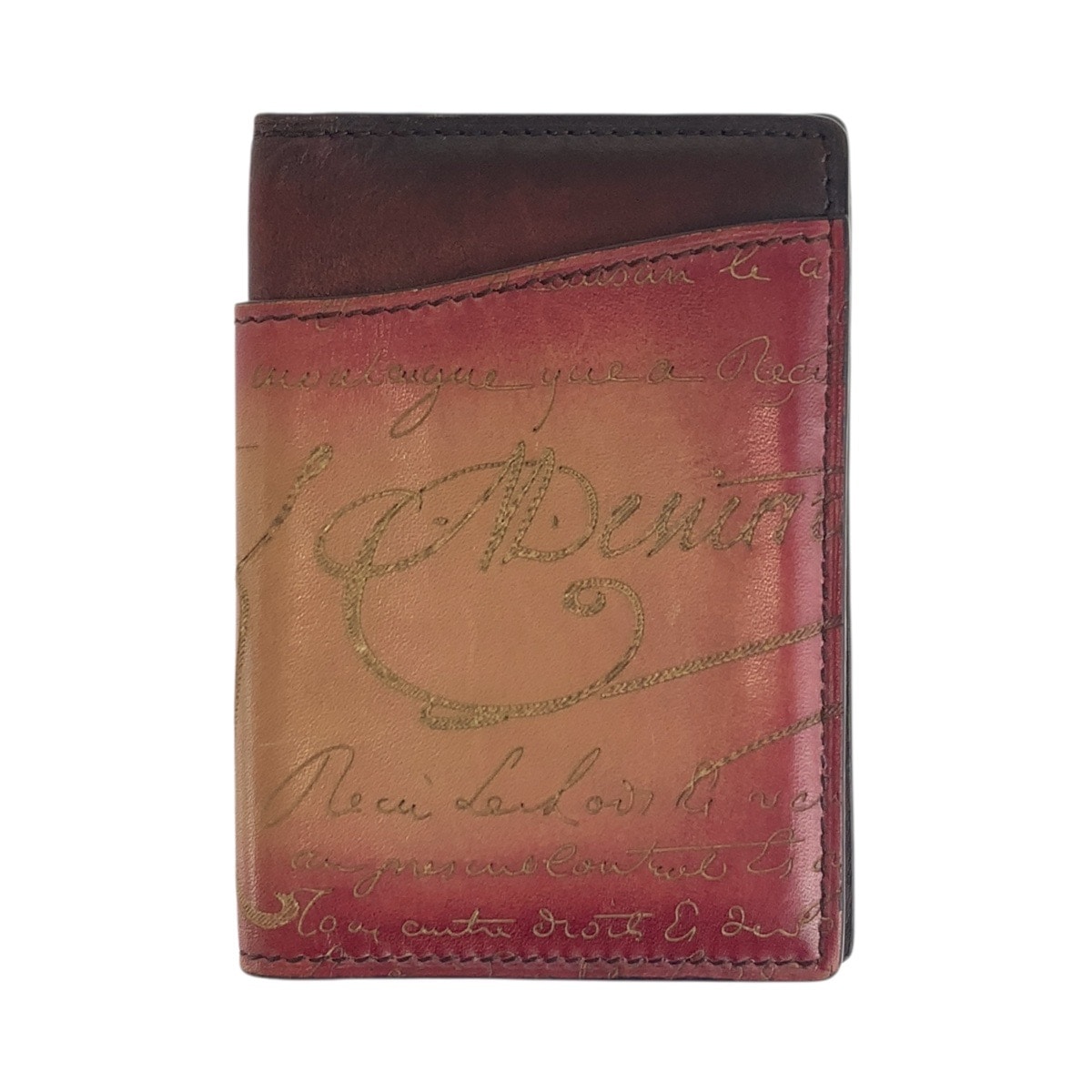 美品 カリグラフィ スクリット ブラウン ボルドー レザー F1213 カードケース 名刺入れ メンズ 504291