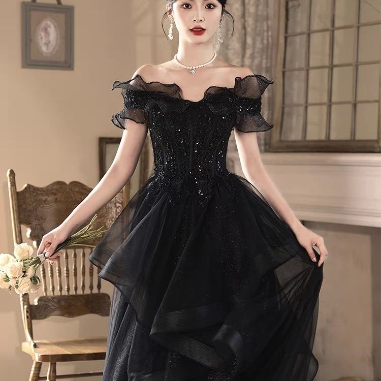 黒のイブニングドレス2025気質スカート女性宴会ホスト成人式