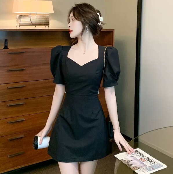 ワンピース ドレスワンピース ミニ丈 ミディアム丈 パフスリーブ 半袖 襟なし スリム タイト デザイン 美ライン ニュアンス バックリボン レイヤード ロマンチック かわいい 大人可愛い きれいめ