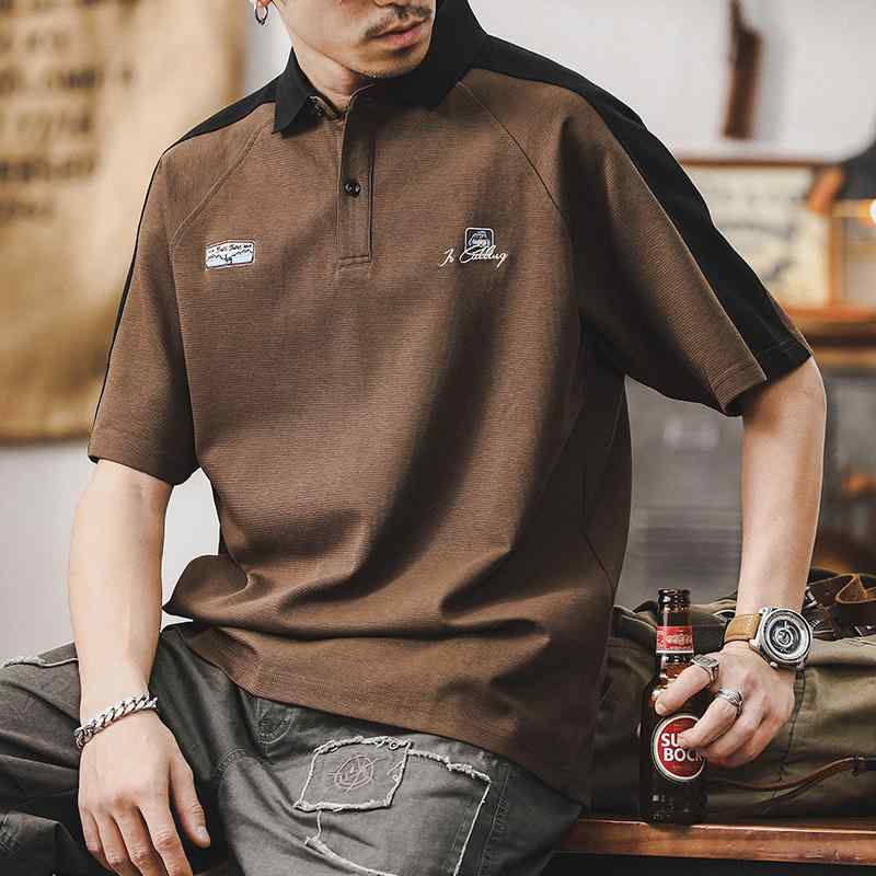 メンズ ポロシャツ 夏 アメリカン レトロ クラシック 半袖 Tシャツ コントラストカラー 夏 男性 通気性 刺繡ロゴ コーヒー アーミー グリーン