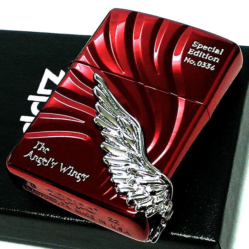 ZIPPO ライター 限定 エンジェルウィング ジッポ かっこいい 天使の羽 ワインレッド 大型メタル シリアルNO刻印 エンジェルウイング 両面加工 赤 高級 おしゃれ メンズ プレゼント ギフト