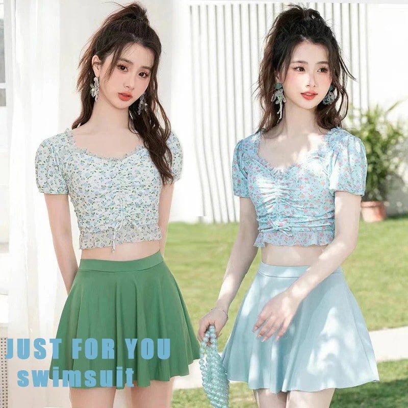 水着 レディース 体型カバー 可愛い フリル 小胸 水着 韓国 高校生 水着 緑 青 タンキニ 水着 タンキニ 露出控えめ セパレート 上下セット スカート みずぎ 大人 水着 花柄 温泉 プール 小