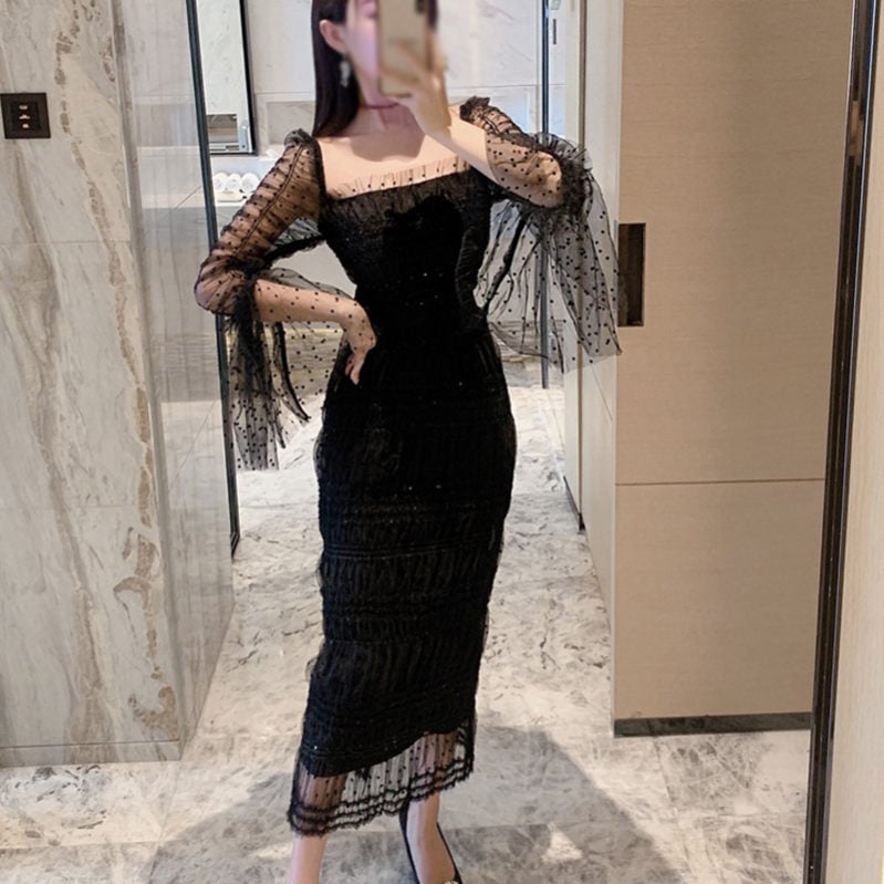 キャバドレス 水玉 ワンピース メッシュ袖 長袖 マーメイドライン フレア パーティードレス シースルー チュール 卒業式 スクエアネック イブニング ロングドレス 二次会 フォマール 柄あり ベアネ