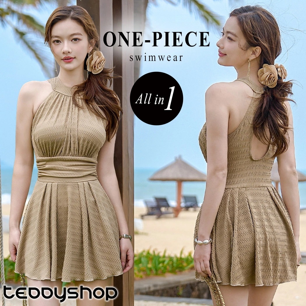 水着 ワンピース 体型カバー レディース オールインワン ノースリーブ ハイネック ホルターネック カットアウト ドレープ フレア バックシャン きれいめ 胸パッド付き ノンワイヤー バスト 盛れる