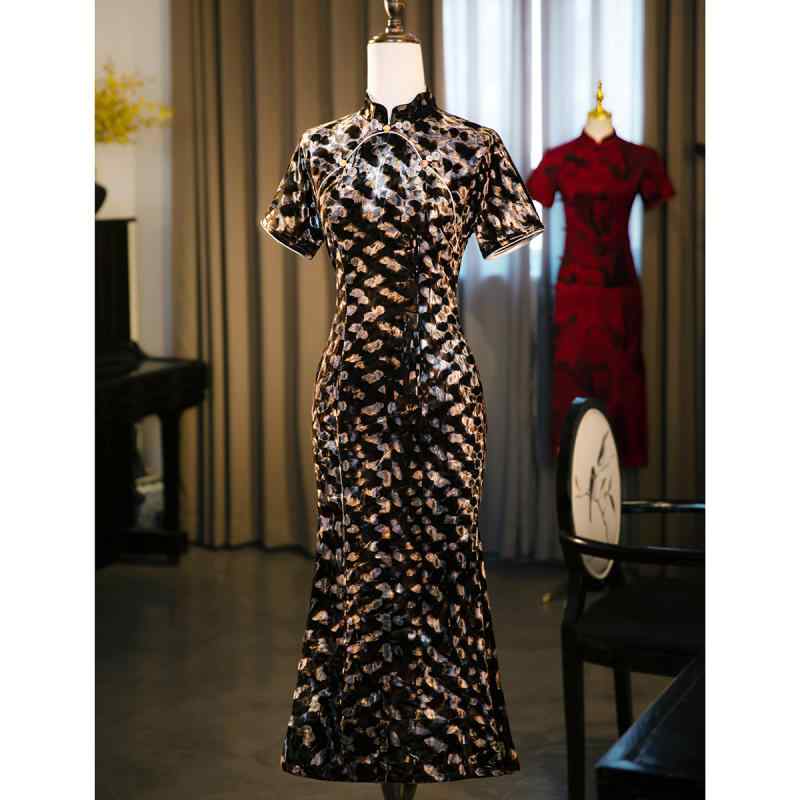 【送料無料】チャイナドレス ワンピース レディース フォーマル パーティー おしゃれ フィッシュ テール 夏 ベルベット ユニーク グレー