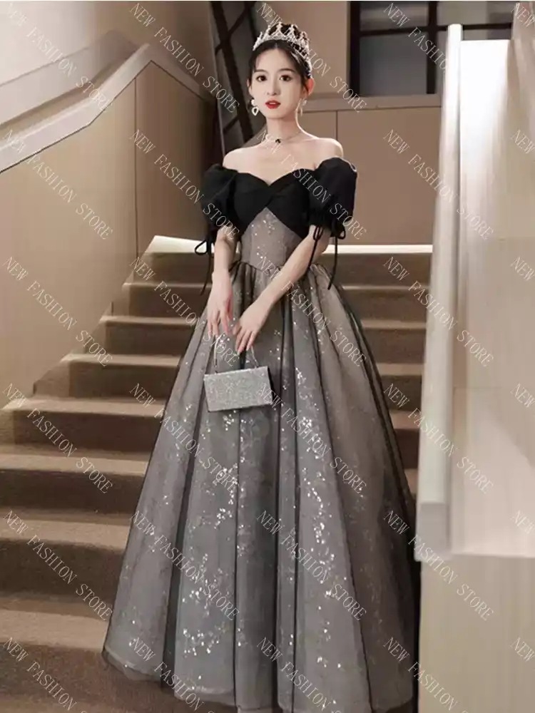 黒のイブニングドレス女性フレンチヘップバーン風宴会司会者ハイエンド軽贅沢小人数ポンポンスカート-96