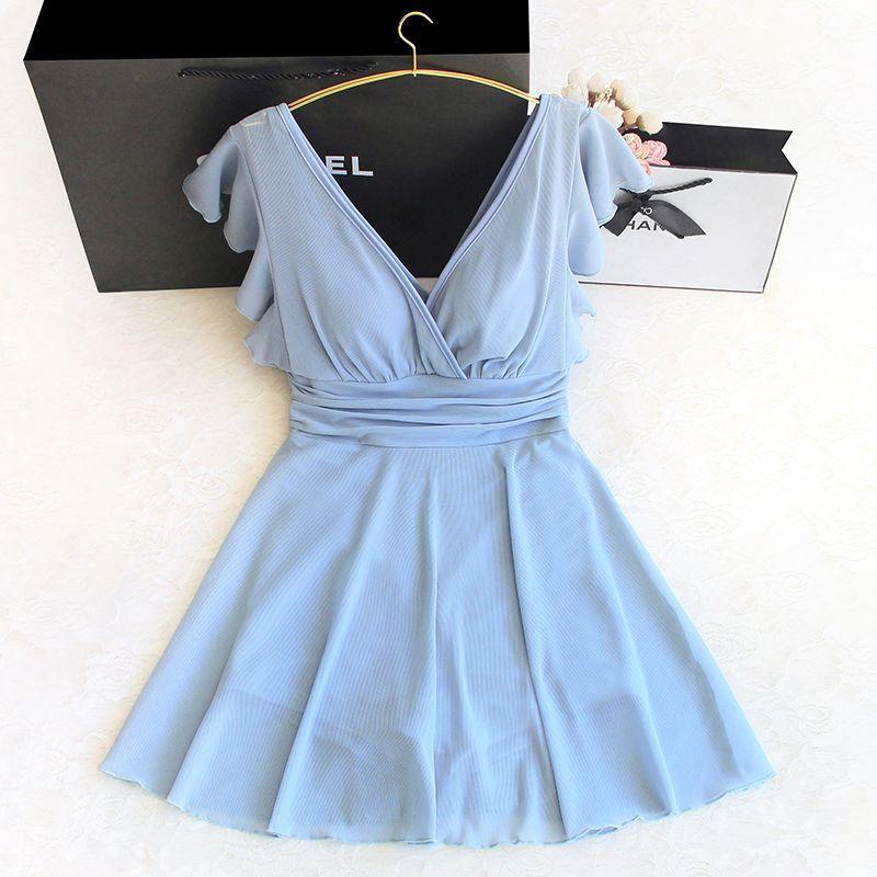 [購入出荷が早い]ワンピース 水着 シースルー Vネック パッド入り ワイヤーあり ビーチ スイムドレス シアー ウエスト フリル スカート レディース