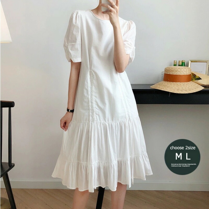 ワンピース 春 ロング 五分袖 半袖 春ワンピース 膝丈ワンピース 膝下 ミディアム丈ワンピース 春夏 ラウンドネック フレア裾 フリル 痩せ見せ 洗練 可愛い 優雅 清楚 エレガント 上品 淑やか