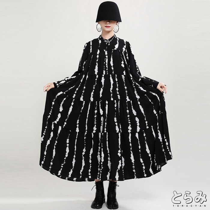 【短納期】シンプルロングシャツワンピ シャツワンピース レディース ロングワンピース 春 長袖 シャツワンピ Ａライン 羽織る メンズ ロング丈 モード 韓国 フリーサイズ グラフィック柄 フレア 黒