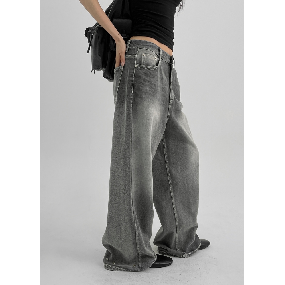 ブラックアップリポスナップボタンウォッシュワイドデニムパンツ