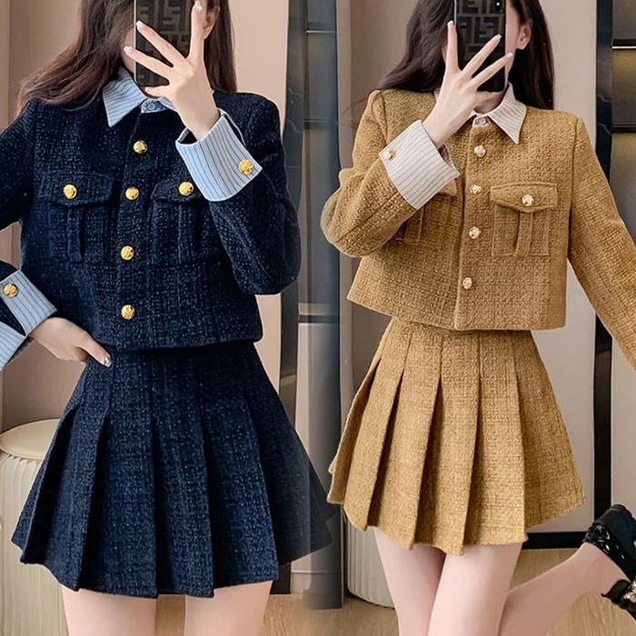 スカートスーツ レディース 制服 2点セット フォーマルスーツ ジャケット スカート セットアップ カラー切替 体型カバー 春 秋 お洒落 着痩せ シンプル 高級 2colors JK 通勤 通学 お
