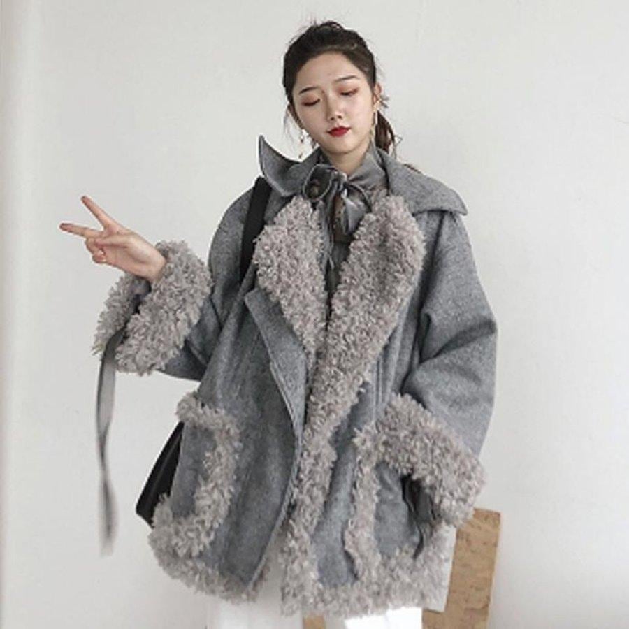 レディースラムウールのショートジャケット女性ペプラム小さな香り風ラムベルベットルーズ