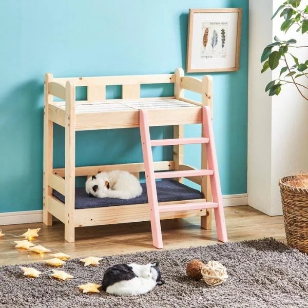 北欧パイン材のペットベッド 2段 犬 猫 寝具 北欧風 夏冬兼用 ネコちゃん W40Ｌ70H75cm