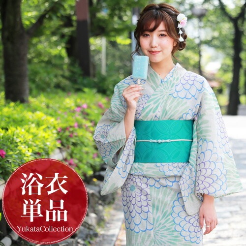 浴衣 単品 レトロ 高級変わり織り綿麻浴衣単品生成り地に青緑の丸菊浴衣 生成り 菊 レディース 古典柄 大人 モダン しっとり 2021