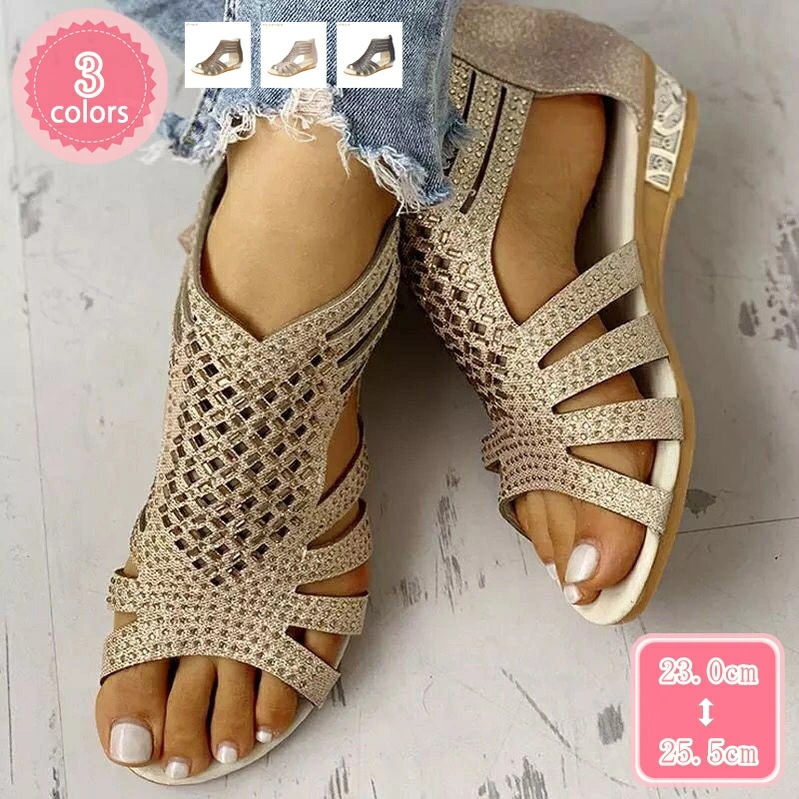 300円OFFクーポン サンダル レディース 靴 ブーサン キラキラ ベルト グラディエーター サマーサンダル ウェッジソール 歩きやすい バックジッパー 美脚 アンクルブーツ サマーブーツ 大きいサ
