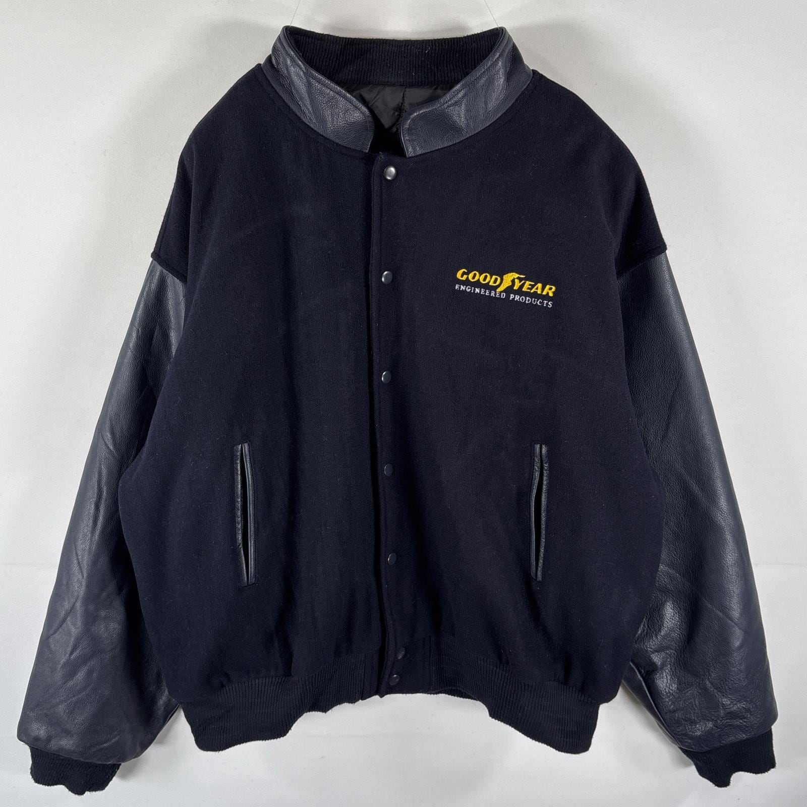 古着 カナダスポーツウェア CANADASPORTSWEAR スタジャン レザー アワードジャケット 企業ロゴ刺繍 GOODYEAR 大きいサイズ XXL ブラック メンズ