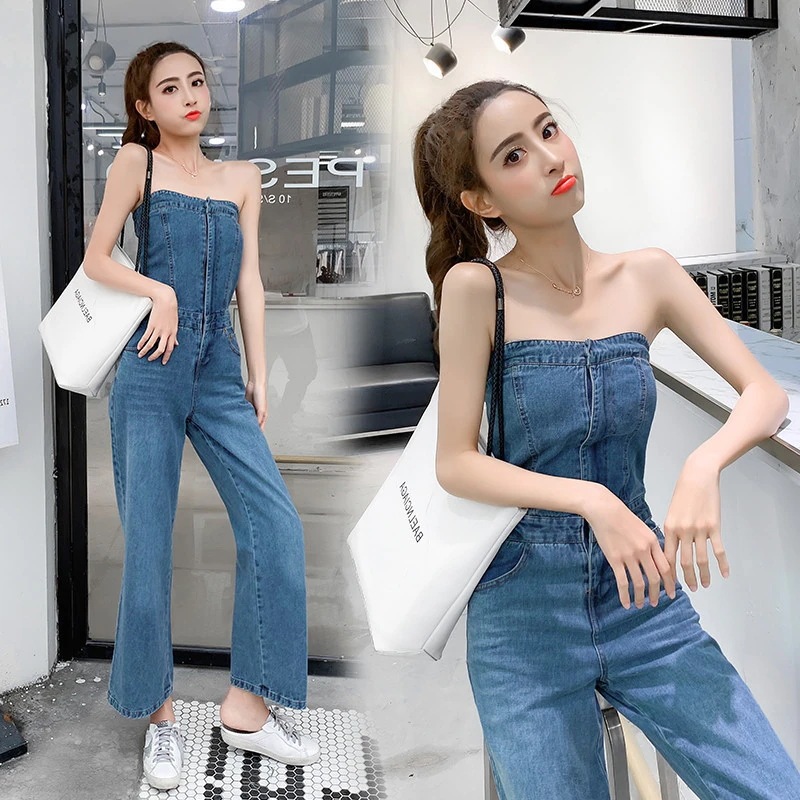 オールインワンサロペットデニム今週の割引は 25% オフですベアトップレディースワイドパンツオフショルダー風肩出しブルーSL