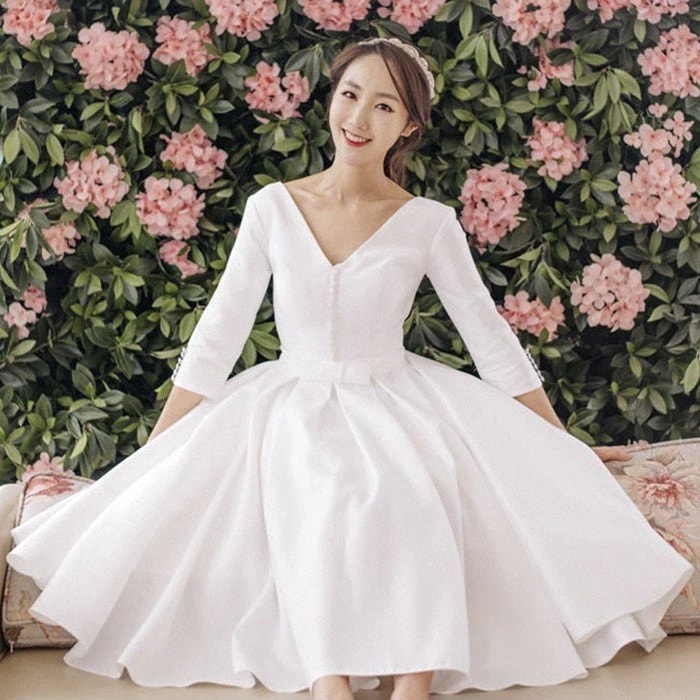 ウエディングドレス 袖あり 膝丈 Aライン 結婚式ドレス 白 ミディアム 二次会 安い エンパイア