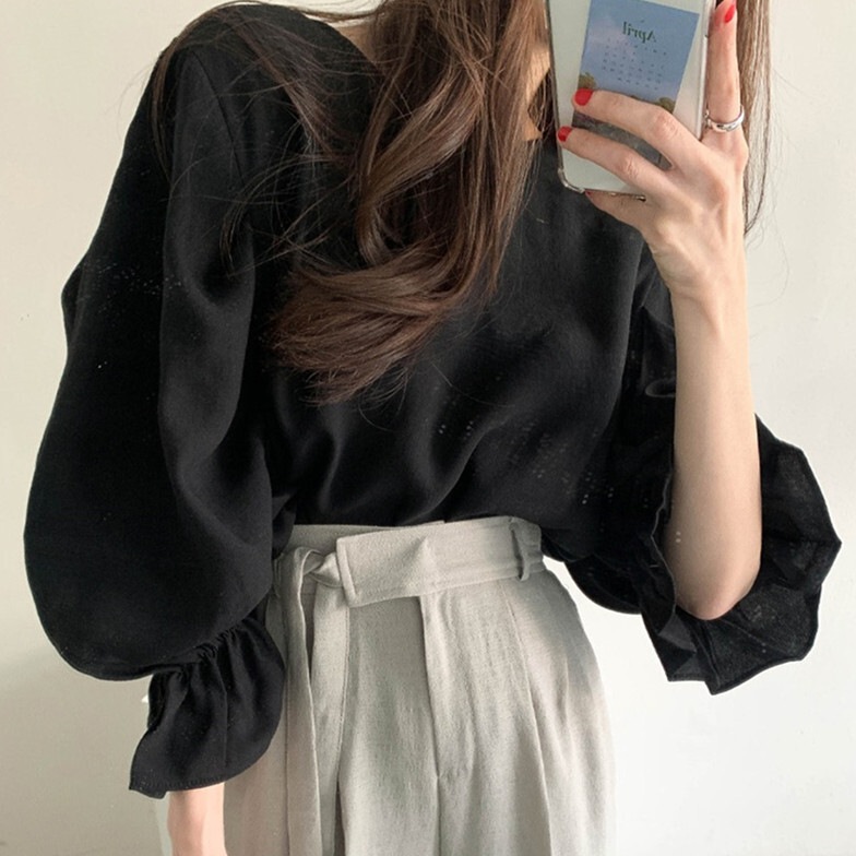 長袖ブラウス トップス ブラウス 袖あり 長袖 パフスリーブ ラウンドネック 綿 かわいい 大人可愛い きれいめ シンプル カジュアル 大人 上品 おしゃれ お洒落 大人可愛い 大人女子 こなれ感