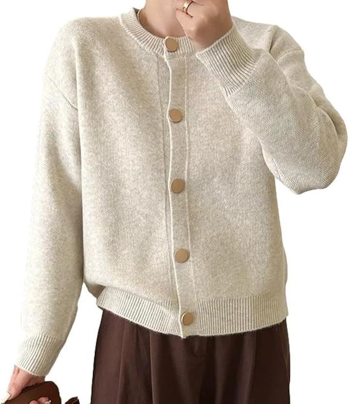ジェイスコット ニットカーディガン レディース ゴールドボタン ラウンドネック フロントボタン 長袖 羽織 着回し(ベージュ, M)