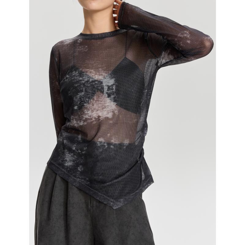 トップス レディース 長袖 タイダイ 染め ラウンドネック シースルー Tシャツ 秋 スリムフィット グレー