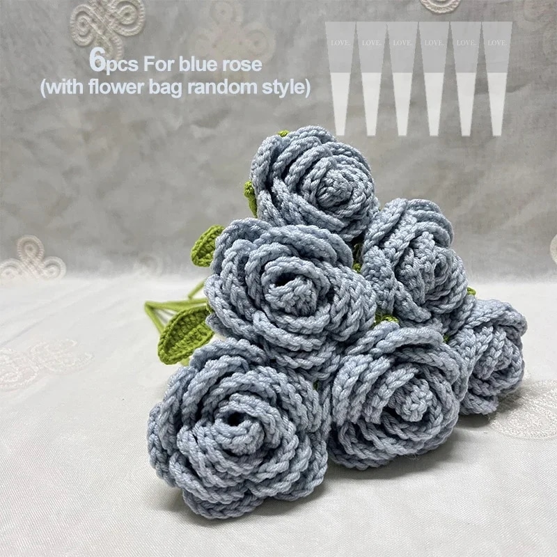 手編みの偽のバラの花の花束DIY手編みの花ニットの花家庭用テーブルギフトかぎ針編みの花のブーケバッグあたり6個 6pcs Fog blue 5,282円