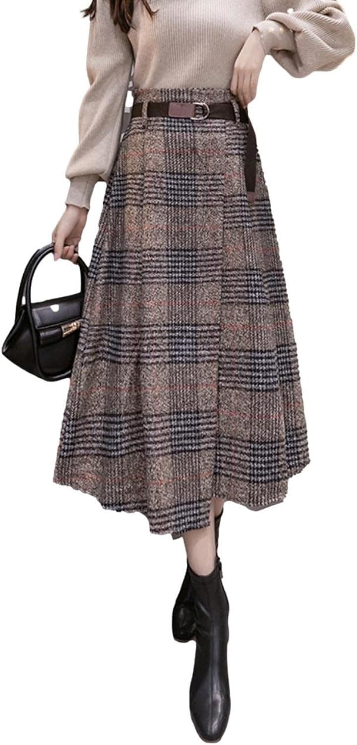 アシンメトリー チェック スカート a ライン 秋冬 厚手 暖かい きれいめ 膝丈 茶色 JS23-BR-M( ブラウン, M)