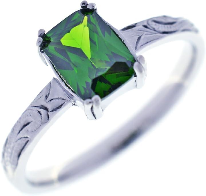 Piena ピエナ サージカルステンレス キュービックジルコニア ハワイアンジュエリー スクエアストーン スクロール プルメリア リング レディース(シルバー/エメラルド, 9号)