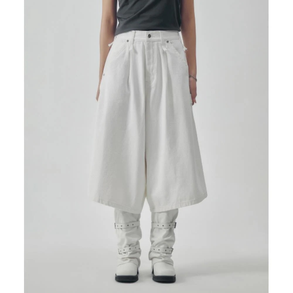 TREEMINGBIRD CarpenterStrap Bermuda Denim Pants Ivory