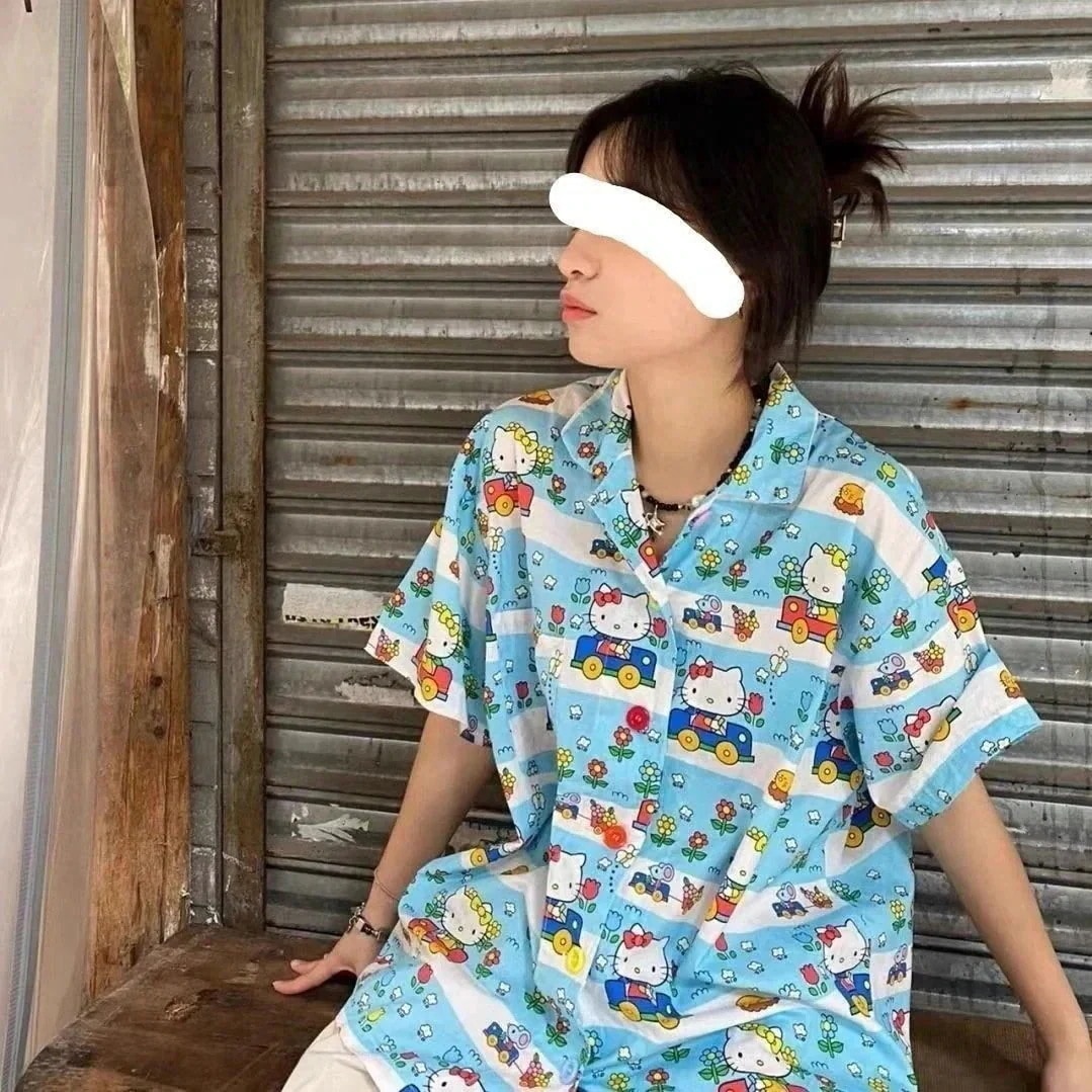 メガ割-キティーシャツ 通学 開襟ロングシャツ ハローキティシャツ 半袖 M-2XL サンリオ キティちゃん レディースtシャツ 夏服 韓国ファッションビーチシャツ