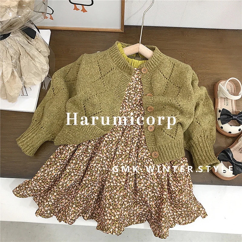 セットアップ 子供 ワンピース キッズ カーディガン 女の子 子供服 長袖ワンピース 花柄 トップス カットソー ベビー服 上下セット 卒園式 ピアノ 発表会 韓国子ども服 春秋 おしゃれ 可愛い 七