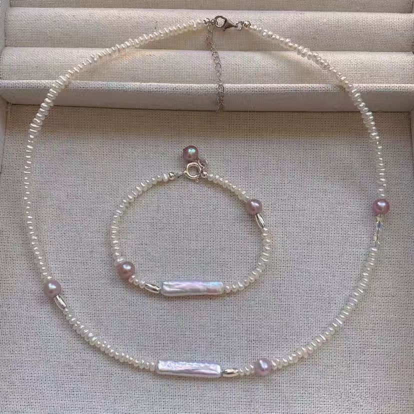 小粒子形状フラットシート淡水真珠のネックレス気質ファッションバロック銀銀bar淡水ブレスレットセット