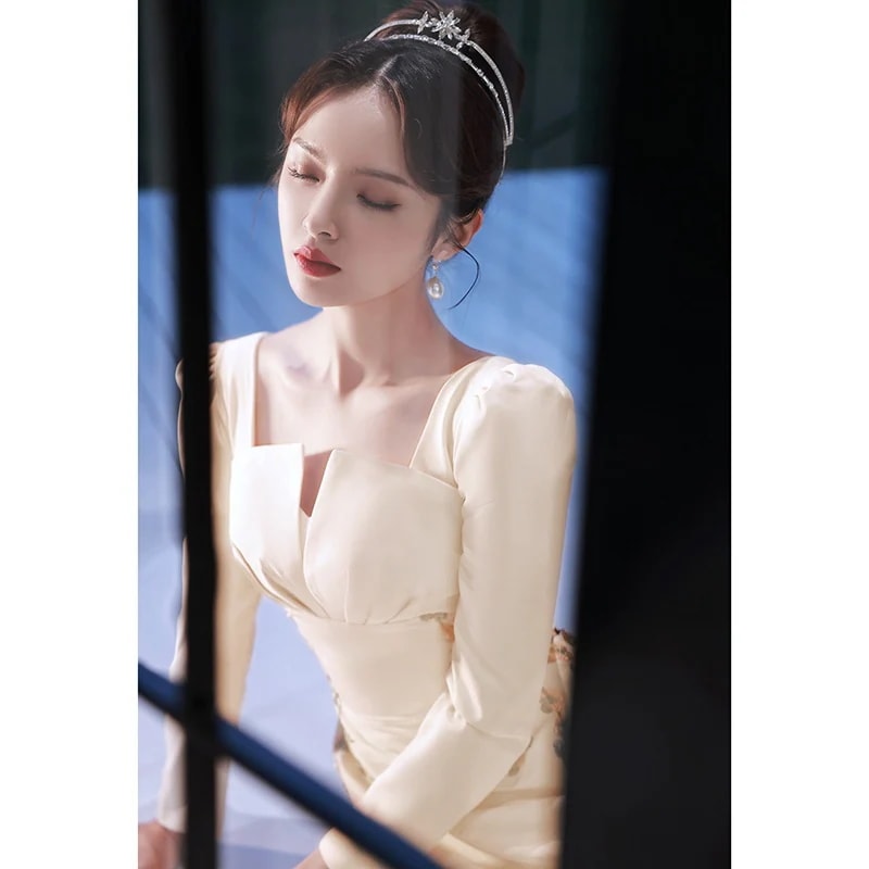 花嫁ロングドレス 新作 ドレスシャンパン ワンピース秋冬 ウェディングドレス 同窓会 結婚式 発表会 卒業式 気質パーティードレス演奏会 成人式