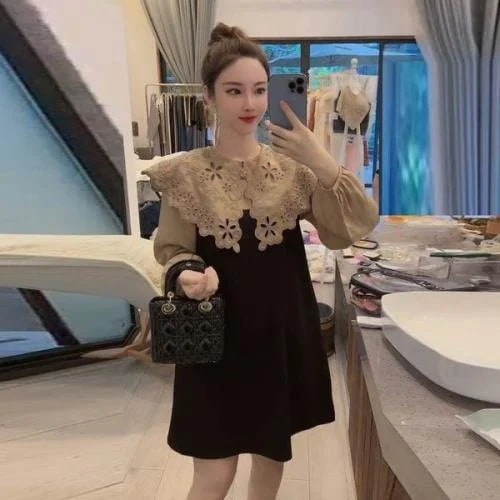 【急速出荷 2025年新作】地雷系 ワンピース ゴシック ゴスロリ 可愛い レース襟 量産型 レディース ガーリー 韓国 無地 ラウンドネック 秋 冬 長袖 ひざ丈 ビッグ襟 レトロ 森ガール 切替ワ 5,008円