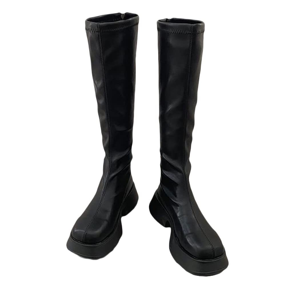 [Guoyupika] ロングブーツ レディース 厚底 黒 白 トラックソール スクエアトゥ ロング丈 ジップ 太めヒール ブーツ ストレッチ PU ホワイトブーツ 美脚 寸胴タイプ おしゃれ 履きや